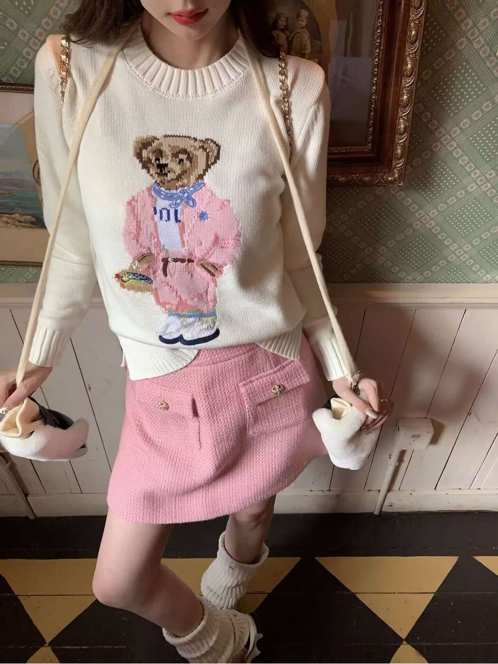 Polo by Ralph Lauren Cream Crewneck Sweater with Pink Teddy Bear